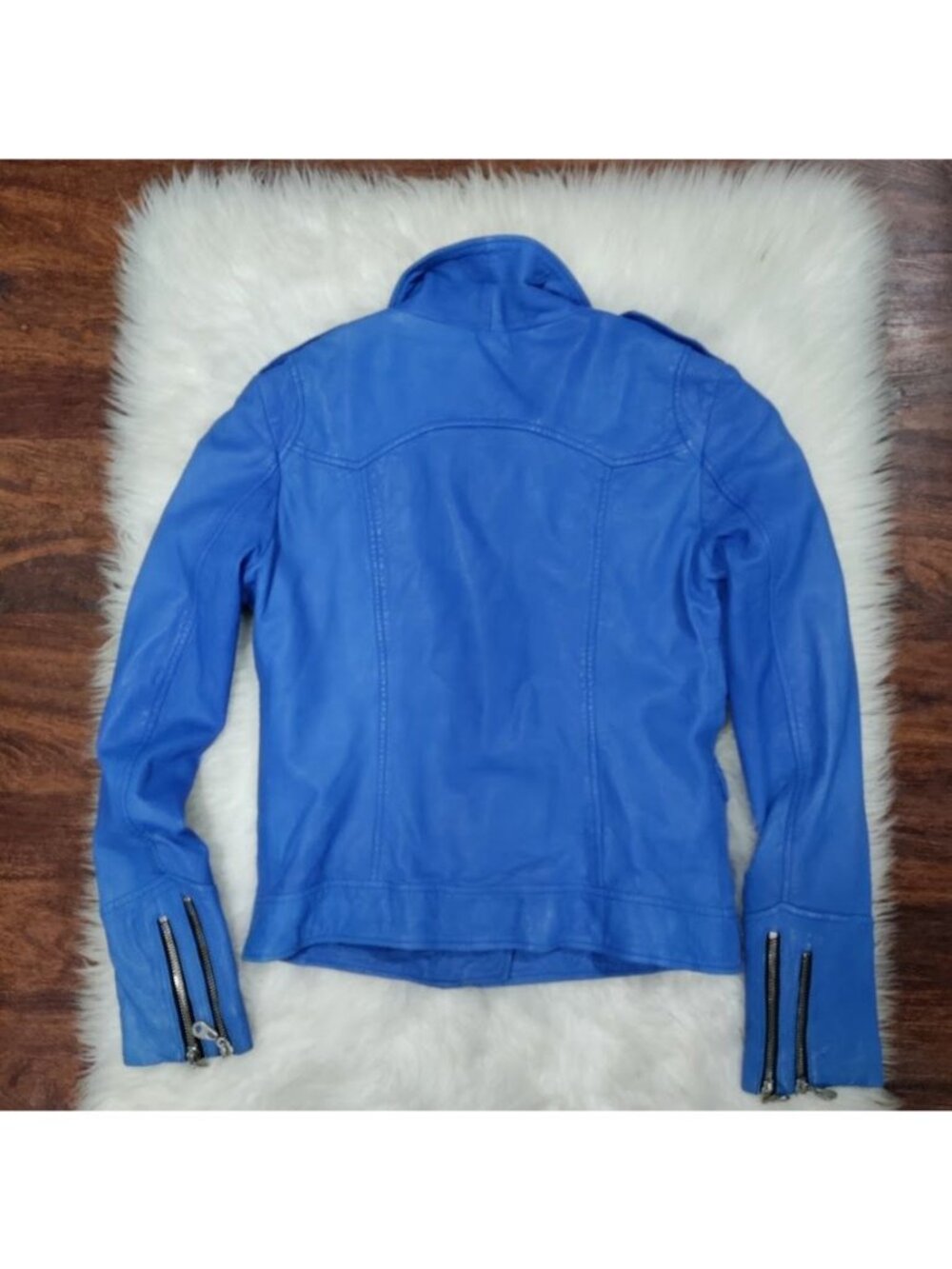 Doma Womens Blue Leather Moto Jacket XS With Zipper Details & Asymmetrical Front - Picture 3 of 15